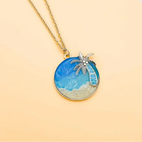 NWT 🏝️ ROUND PALM TREE OCEAN SAND PENDANT ON 20”-22” STAINLESS SILVER CHAIN - Picture 3 of 6